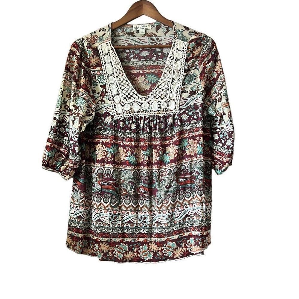 Lucky‎ Brand Floral Paisley Crochet V-Neck Tunic Top Bohemian Blouse